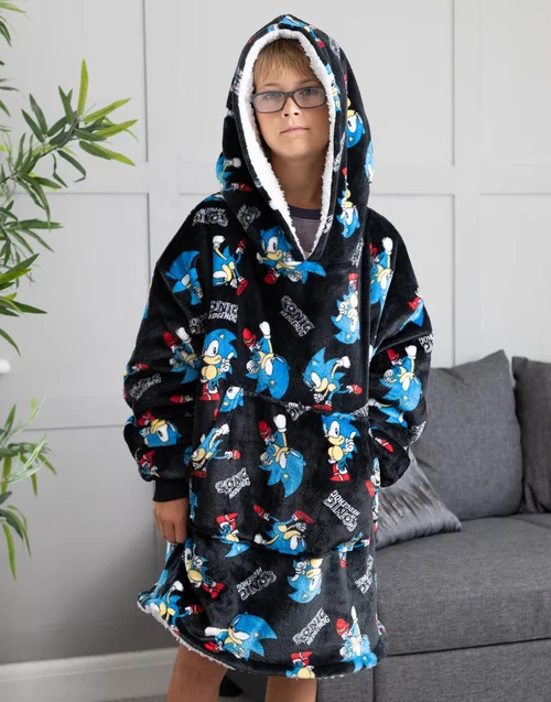 Sonic The Hedgehog Kids Black Sonic & Logo Blanket Hoodie - One Size Image 2