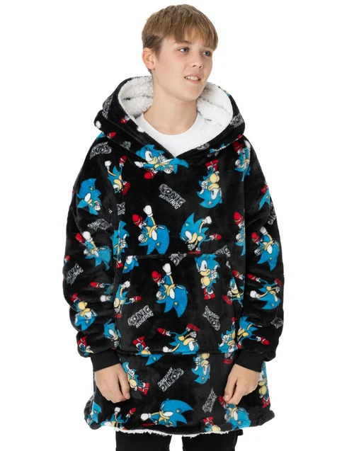 Sonic The Hedgehog Kids Black Sonic & Logo Blanket Hoodie - One Size Image 1