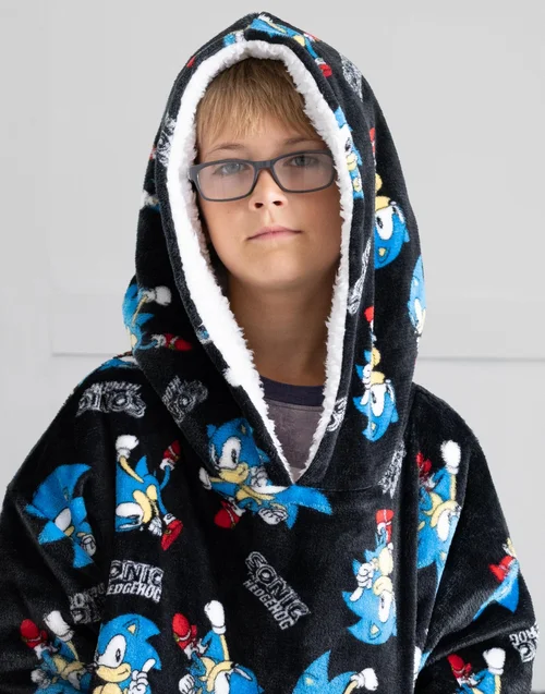 Sonic The Hedgehog Kids Black Sonic & Logo Blanket Hoodie - One Size Image 4