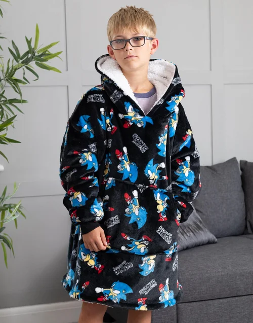 Sonic The Hedgehog Kids Black Sonic & Logo Blanket Hoodie - One Size Image 3