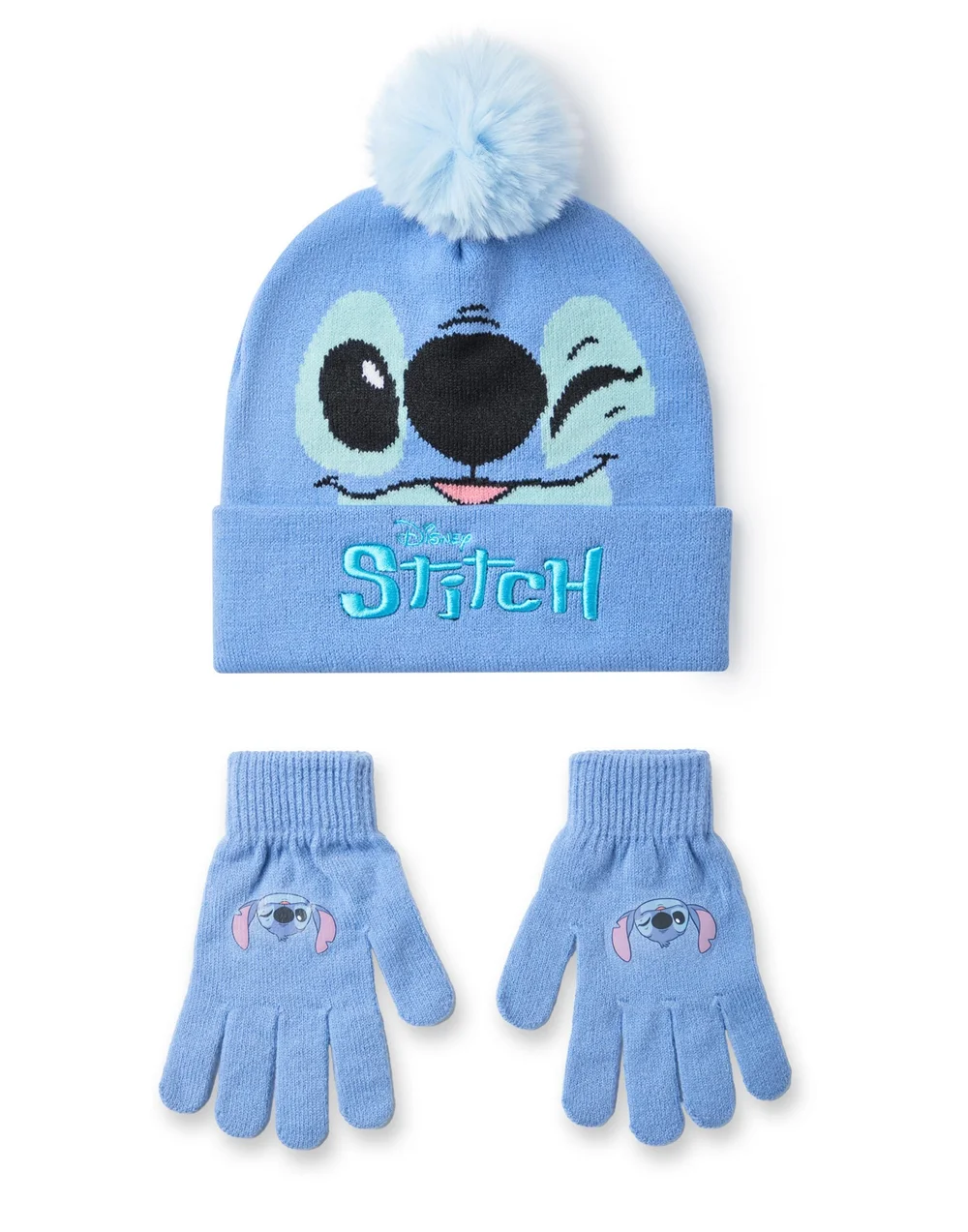 Disney Kids Stitch Character Face Beanie & Gloves Blue Set - One Size Image 1