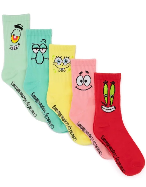 SpongeBob SquarePants Unisex Yellow Mutli-Character Calf Socks Set Of 5 - Size 4-8 Image 1