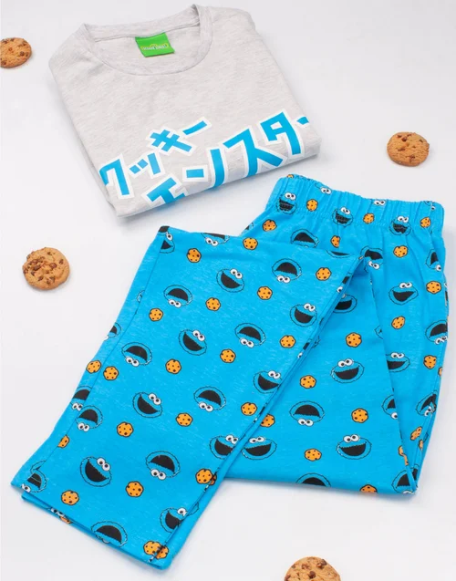 Vanilla Underground Sesame Street Adults Cookie Monster Japanese Text Blue PJs - Medium Image 2