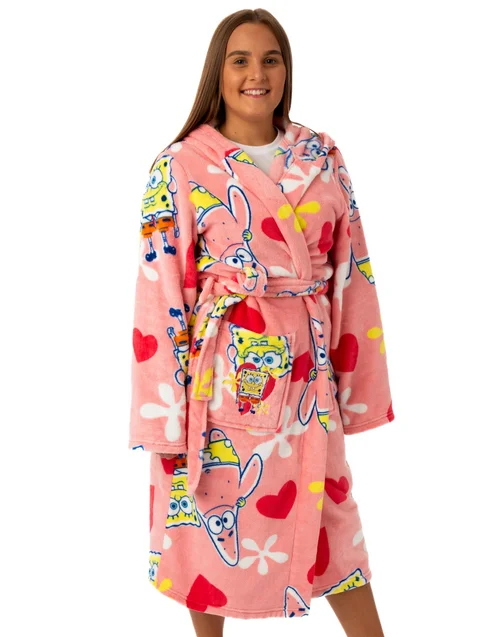 Vanilla Underground SpongeBob SquarePants Adults Hooded Pink Bathrobe - Medium Image 1