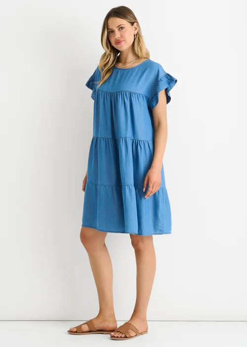 Gini London Denim Blue Chambray Frill Sleeves Flared Mini Dress - L/XL Image 4