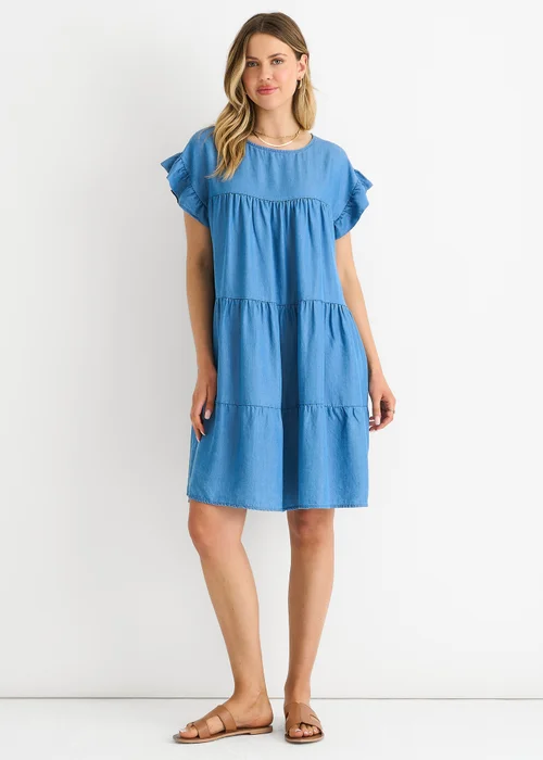 Gini London Denim Blue Chambray Frill Sleeves Flared Mini Dress - L/XL Image 1