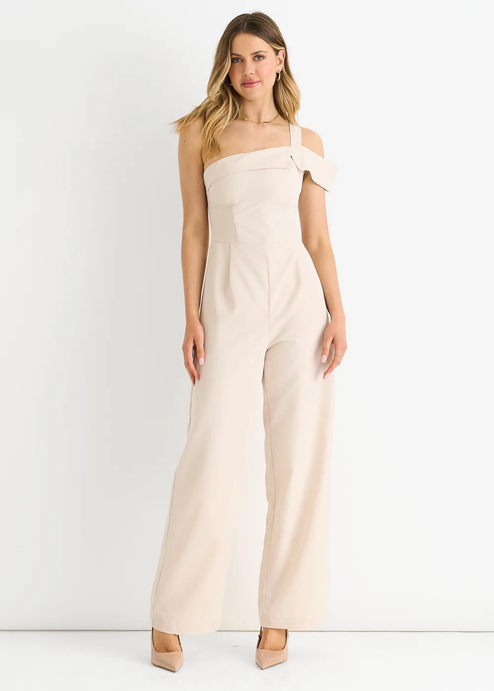 Gini London Cream Woven One Shoulder Wide Leg Jumpsuit - 6 Image 1