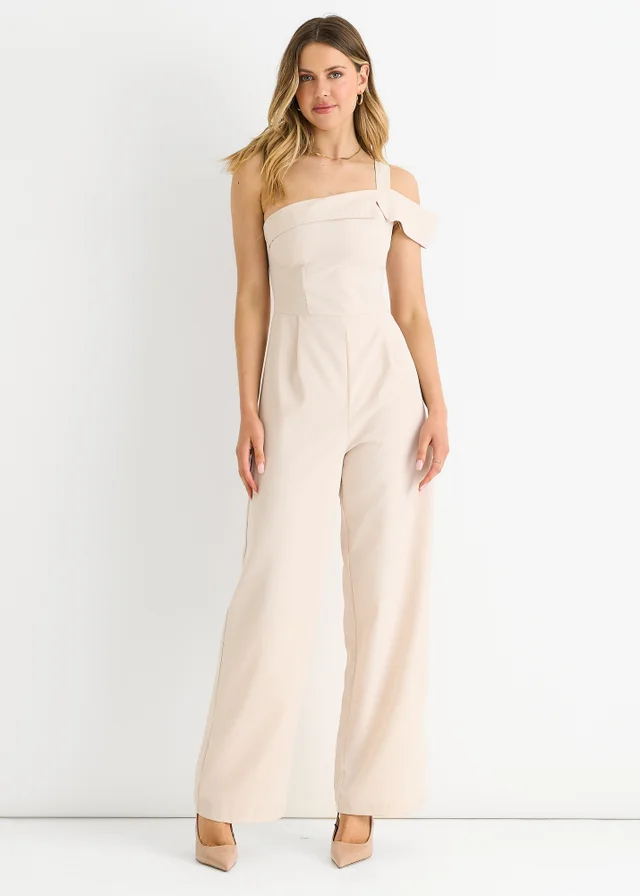 Gini London Cream Woven One Shoulder Wide Leg Jumpsuit