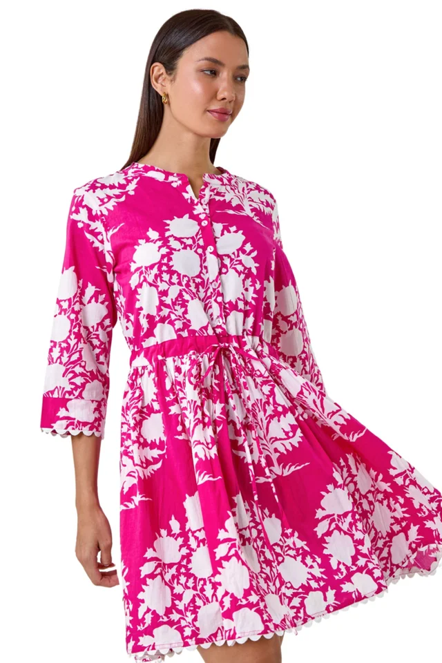 Roman Fuchsia Floral Button Smock Dress