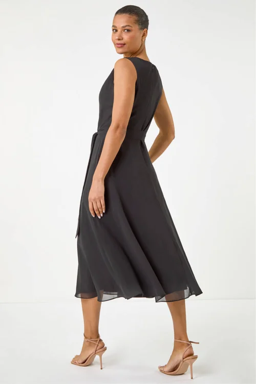 Roman Black Chiffon Pleated Neck Midi Dress - 16 Image 3