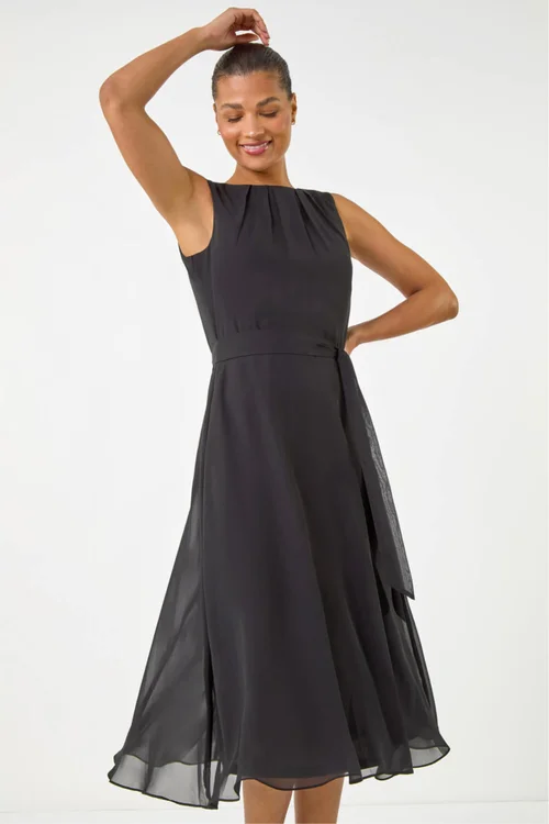 Roman Black Chiffon Pleated Neck Midi Dress - 16 Image 2