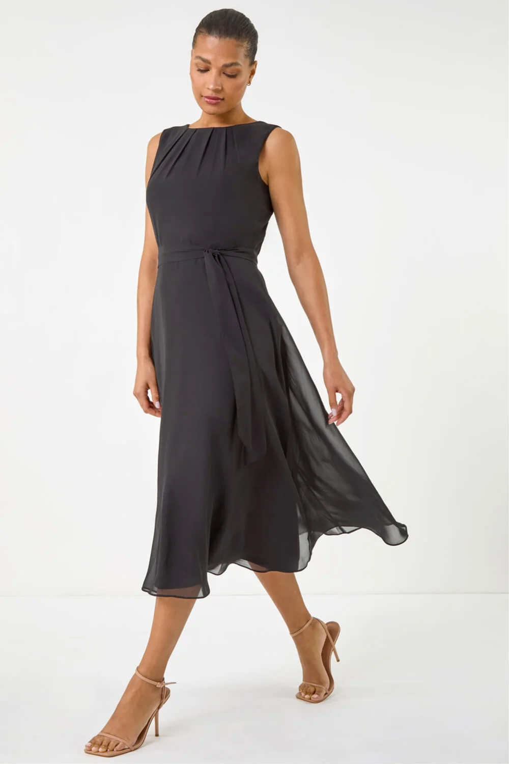 Roman Black Chiffon Pleated Neck Midi Dress - 16 Image 1