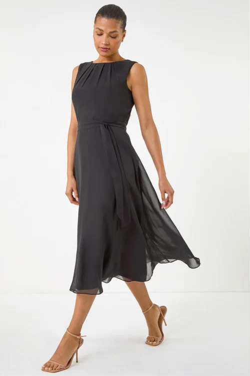 Roman Black Chiffon Pleated Neck Midi Dress - 16 Image 1