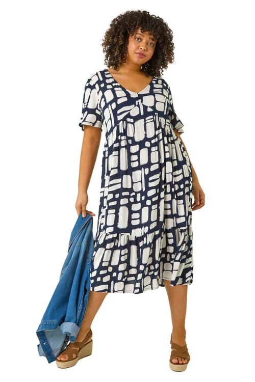 Roman Navy Curve Print Tiered V-Neck Dress - Size 20 Image 2