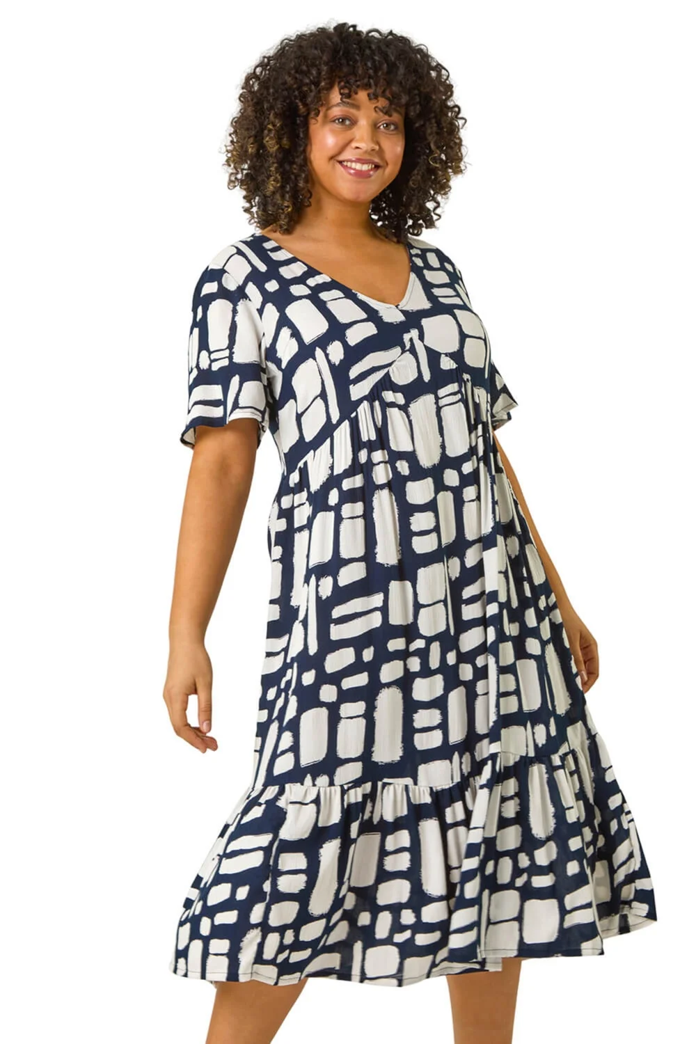 Roman Navy Curve Print Tiered V-Neck Dress - Size 20 Image 1
