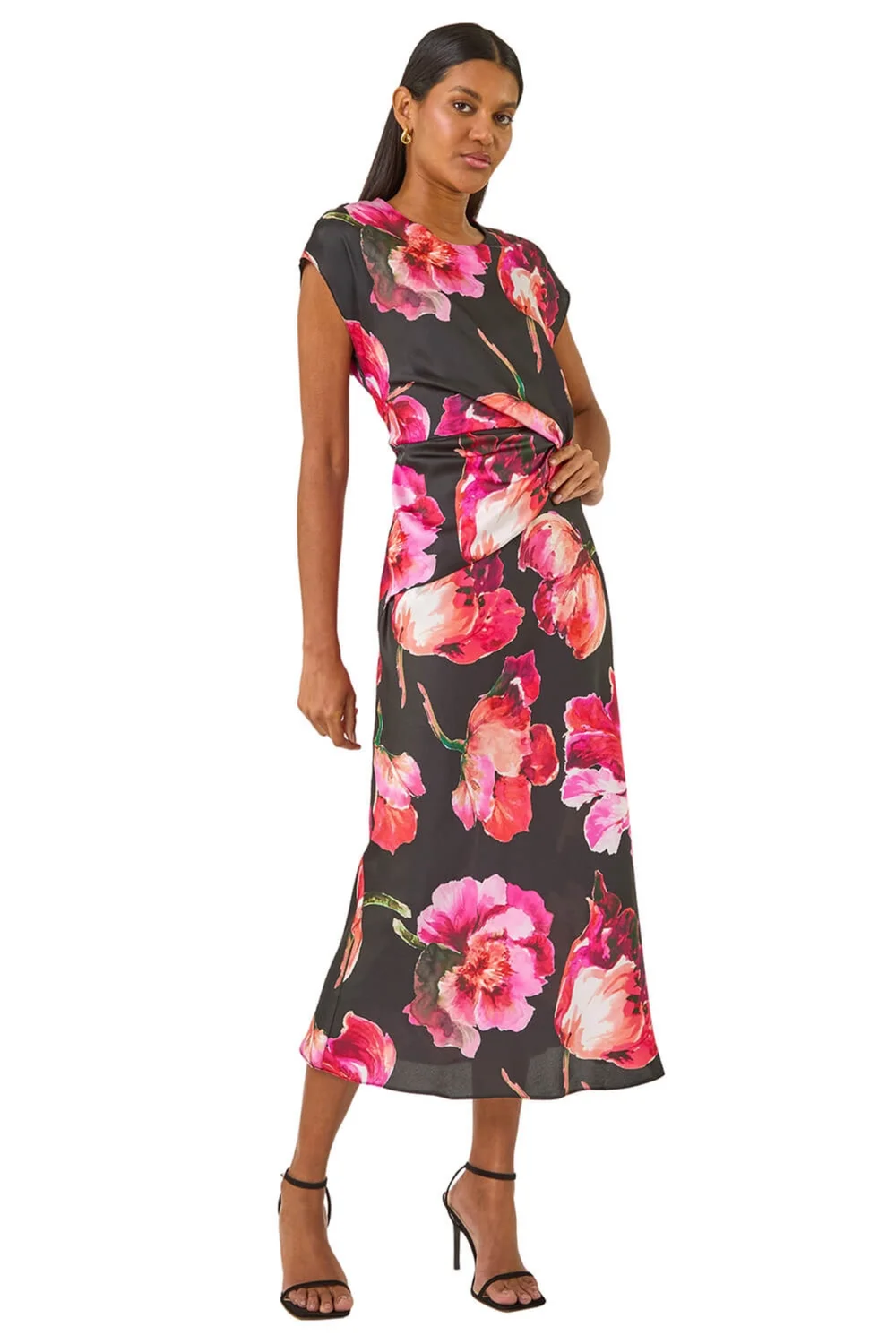 Roman Black Floral Printed Wrap Detail Midi Dress - Size 12 Image 2