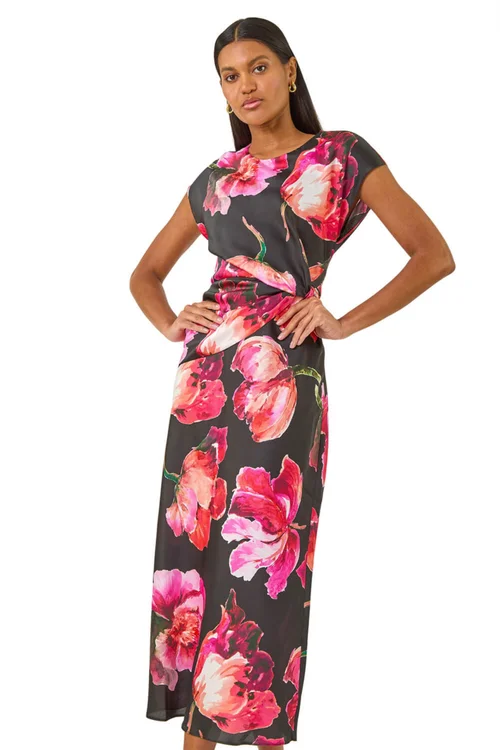 Roman Black Floral Printed Wrap Detail Midi Dress - Size 12 Image 1