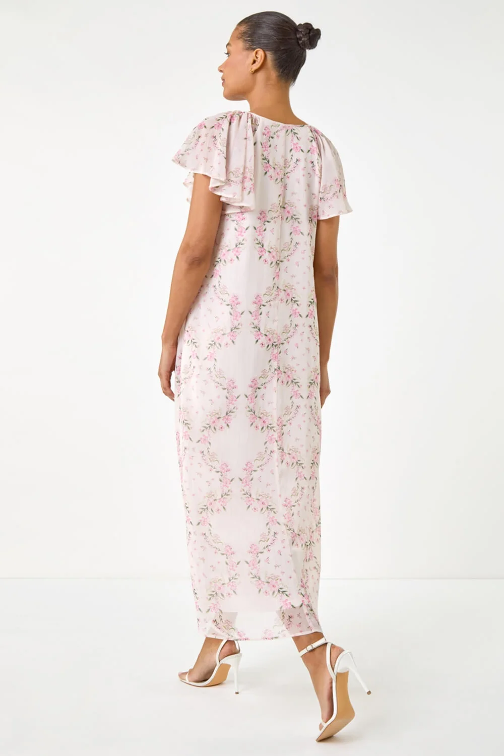 Roman Light Pink Floral Frill Flutter Sleeve Dress - 16 Image 3