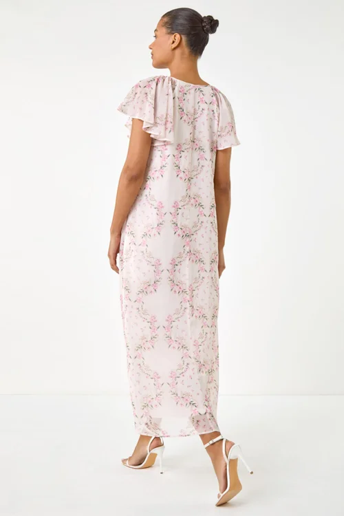 Roman Light Pink Floral Frill Flutter Sleeve Dress - 16 Image 3