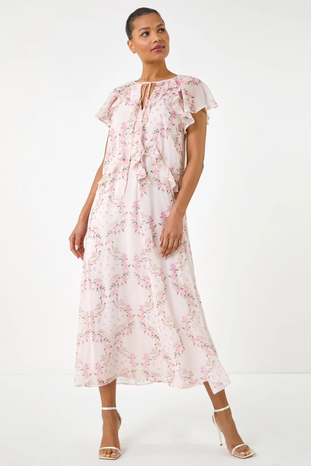 Roman Light Pink Floral Frill Flutter Sleeve Dress - 16 Image 2