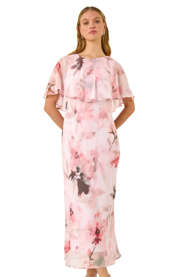 Roman Pink Floral Frill Chiffon Cape Midi Dress