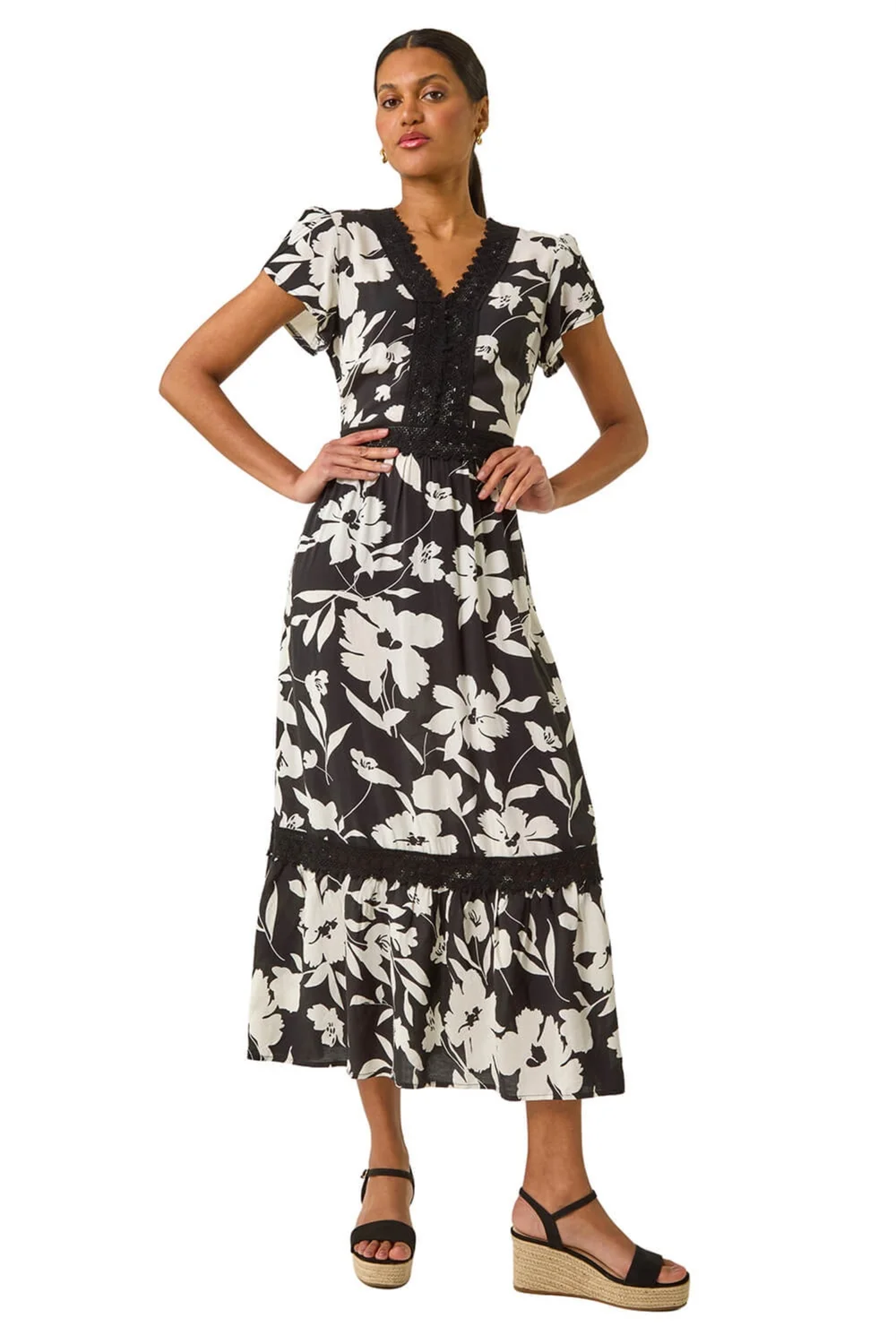 Roman Black Floral Print Lace Trim Midi Dress - Size 20 Image 2