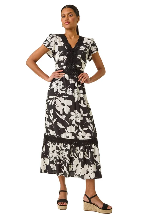 Roman Black Floral Print Lace Trim Midi Dress - Size 20 Image 2