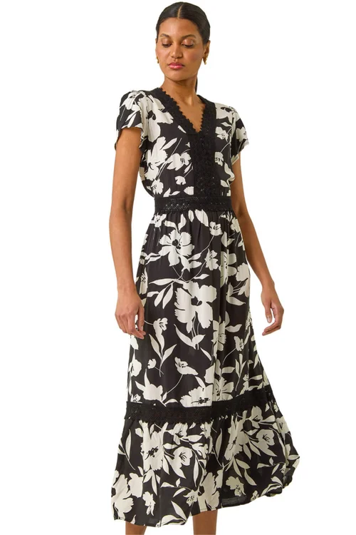 Roman Black Floral Print Lace Trim Midi Dress - Size 20 Image 1