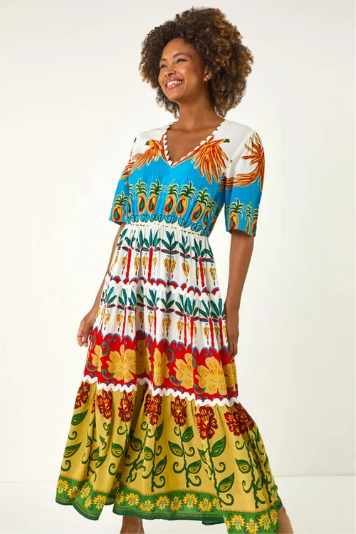Roman Red Tropical Print V-Neck Maxi Dress - 16 Image 4