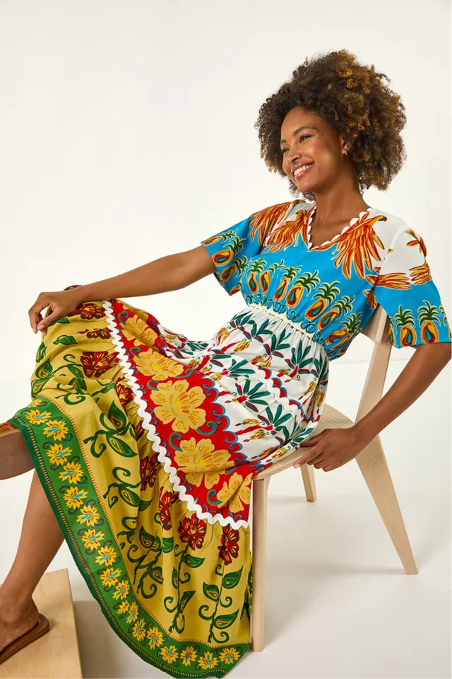 Roman Red Tropical Print V-Neck Maxi Dress