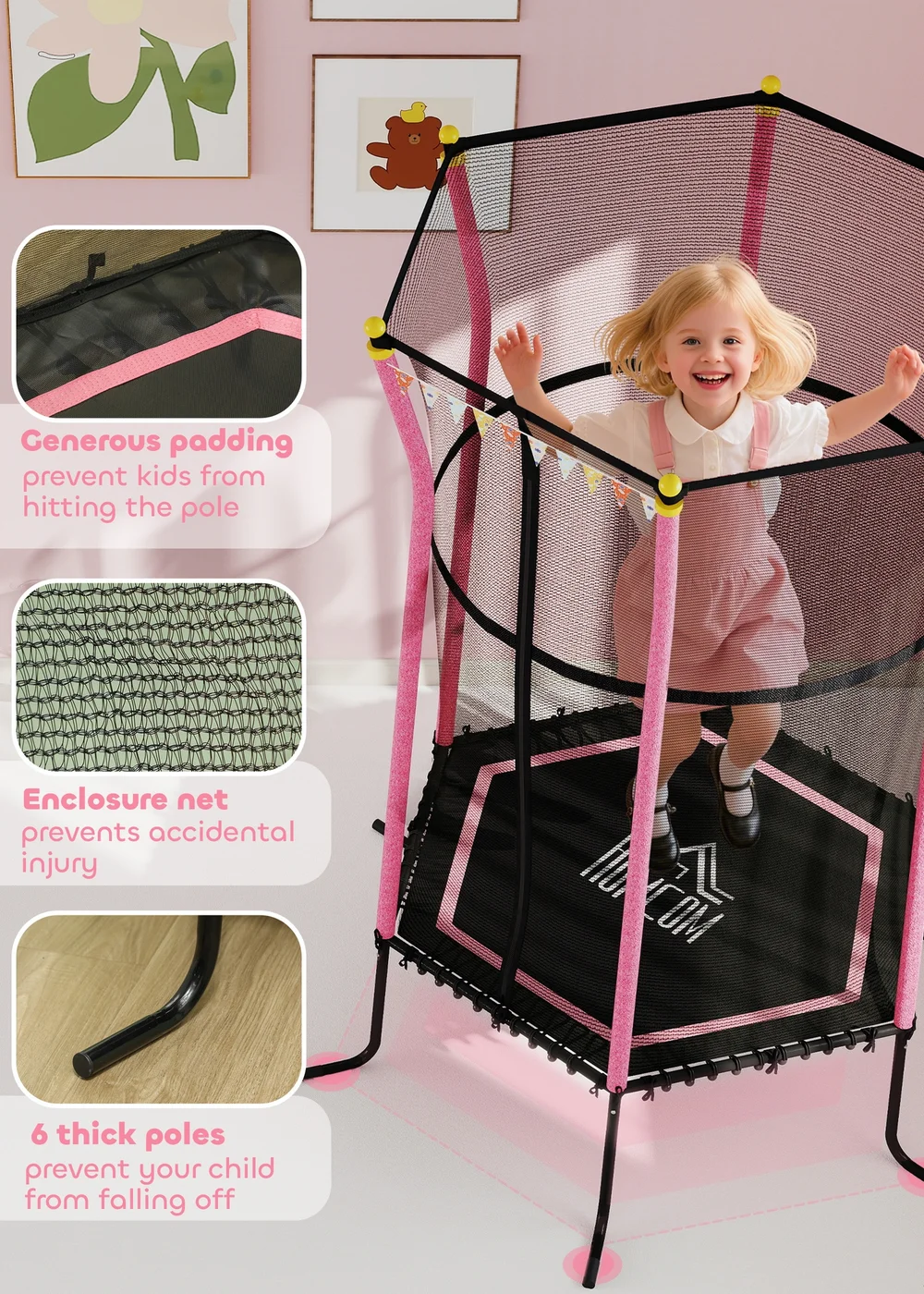HOMCOM Pink 5.4FT Kids Trampoline With Enclosure Indoor Outdoor - One Size Image 4