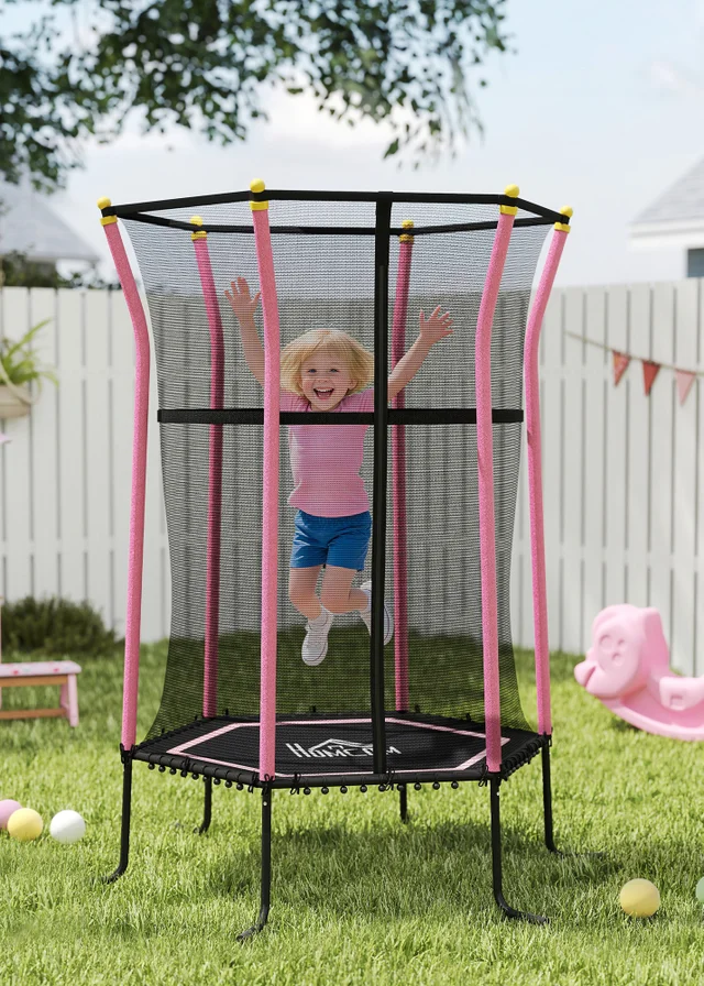 HOMCOM Pink 5.4FT Kids Trampoline With Enclosure Indoor Outdoor