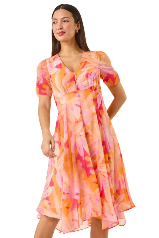 Roman Orange Abstract Painted Floral Hanky Hem Dress