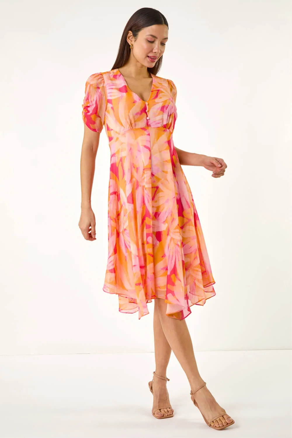 Roman Orange Abstract Painted Floral Hanky Hem Dress - Size 10 Image 2