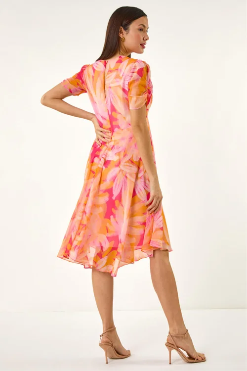 Roman Orange Abstract Painted Floral Hanky Hem Dress - Size 10 Image 3
