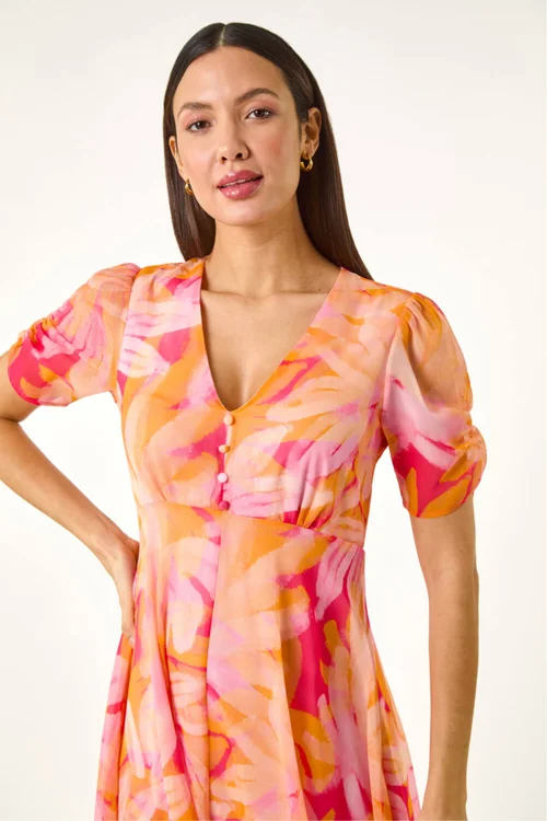 Roman Orange Abstract Painted Floral Hanky Hem Dress - Size 10 Image 4