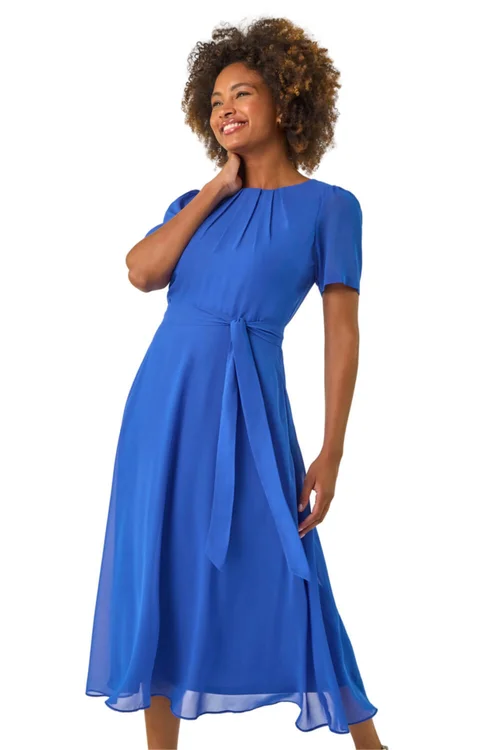 Roman Blue Pleat Chiffon Belted Midi Dress - Size 10 Image 1