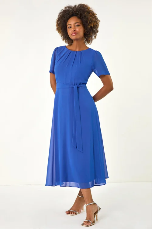 Roman Blue Pleat Chiffon Belted Midi Dress - Size 10 Image 2