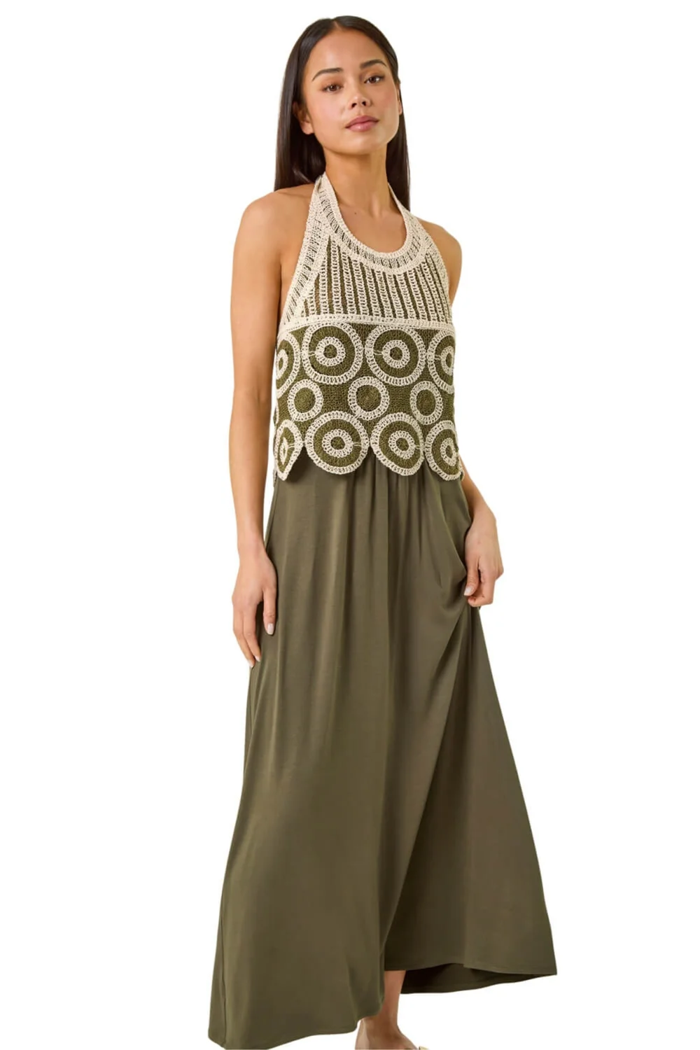 Roman Khaki Petite Crochet Contrast Maxi Dress - 14 Image 1