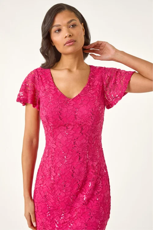 Roman Fuchsia Sequin Lace Ruffle Midi Dress - 12 Image 4
