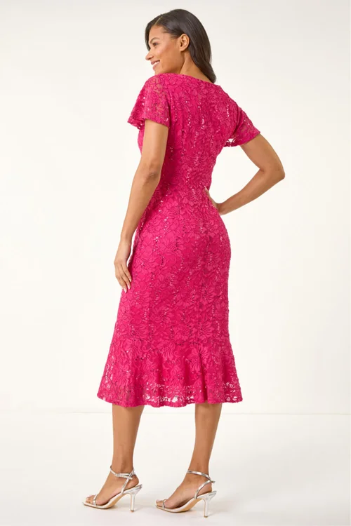 Roman Fuchsia Sequin Lace Ruffle Midi Dress - 12 Image 3