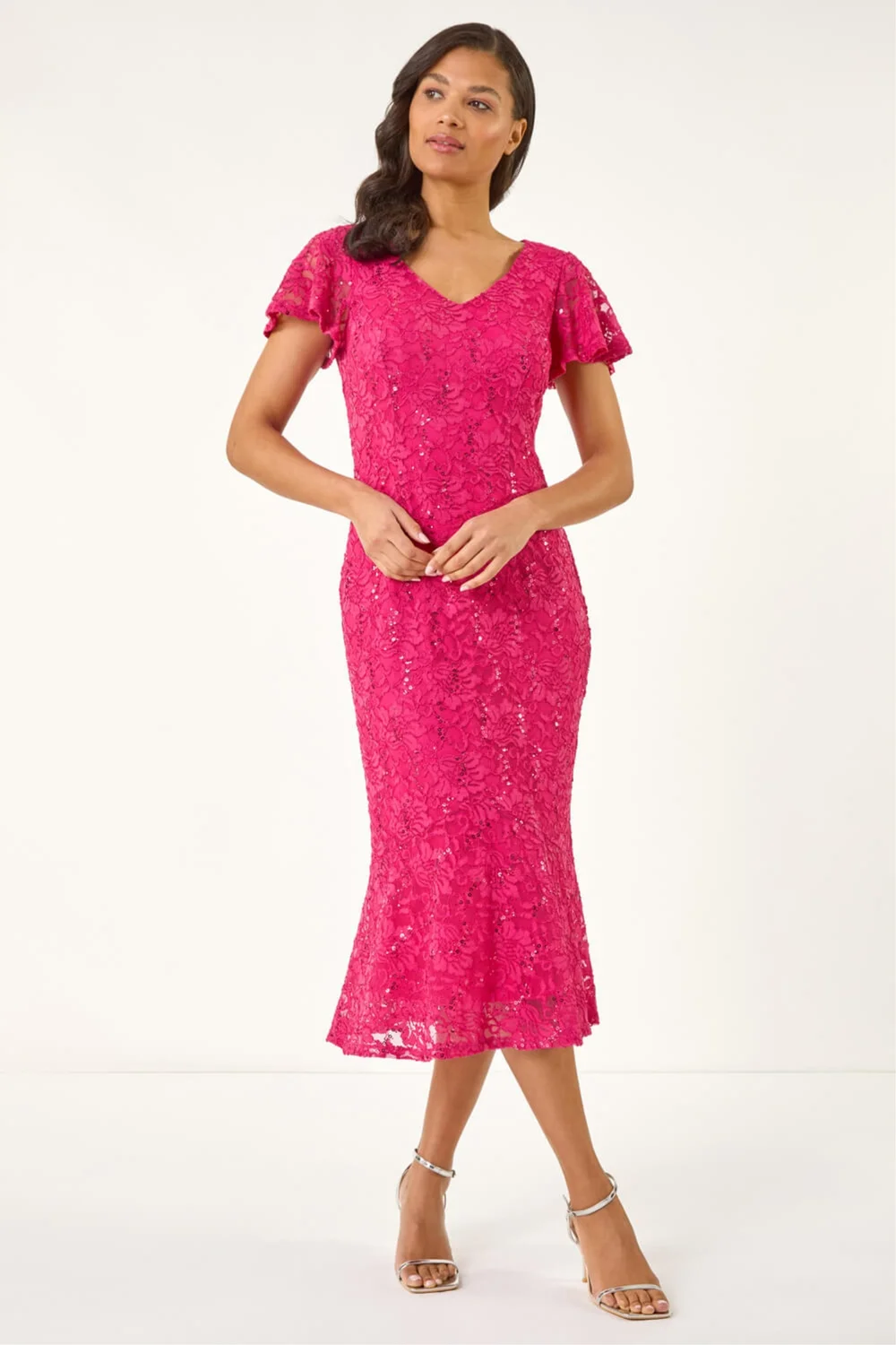 Roman Fuchsia Sequin Lace Ruffle Midi Dress - 12 Image 2