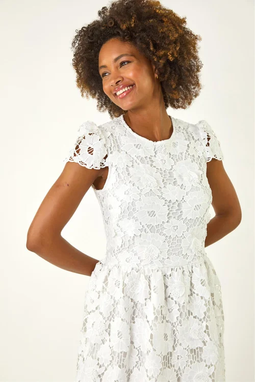 Roman White Crochet Floral Lace Midi Dress - Size 14 Image 4