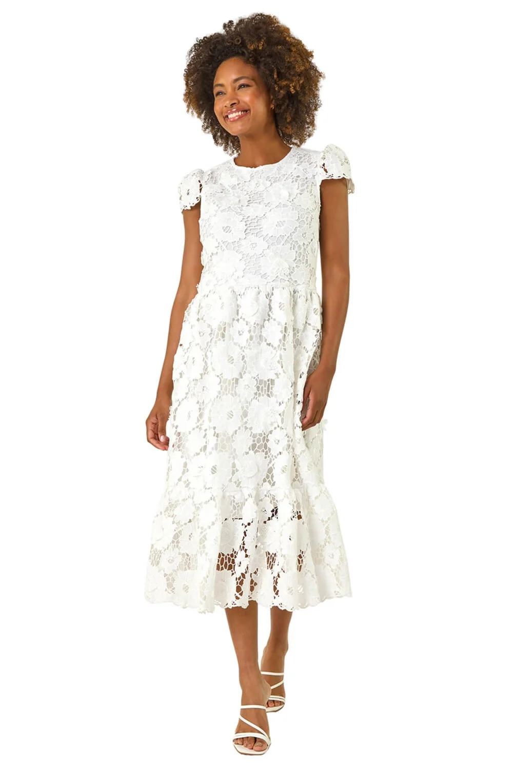 Roman White Crochet Floral Lace Midi Dress - Size 14 Image 2