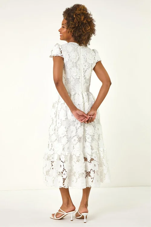 Roman White Crochet Floral Lace Midi Dress - Size 14 Image 3