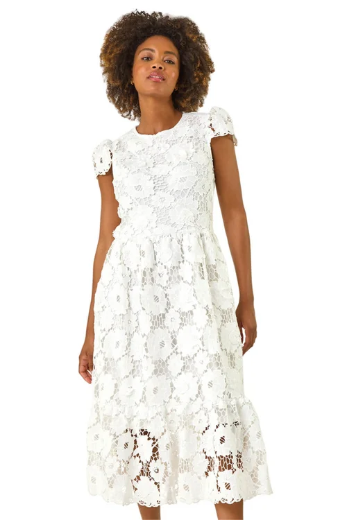 Roman White Crochet Floral Lace Midi Dress - Size 14 Image 1