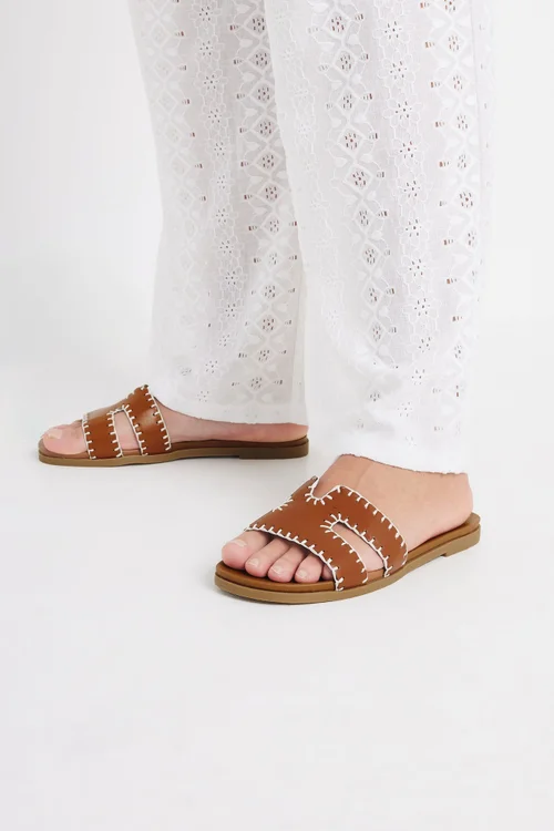 Yours Brown Faux Leather Stitched Mule Sandals In Extra Wide EEE Fit - 6 Extra Wide Image 2