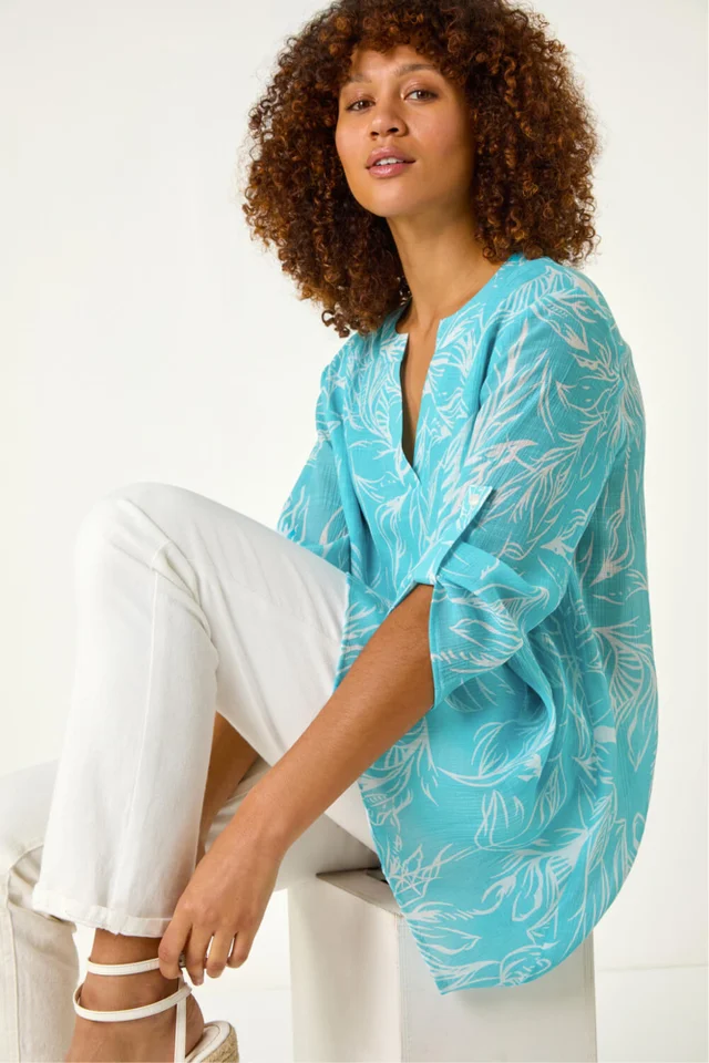 Roman Turquoise Linear Print Wrap Tunic