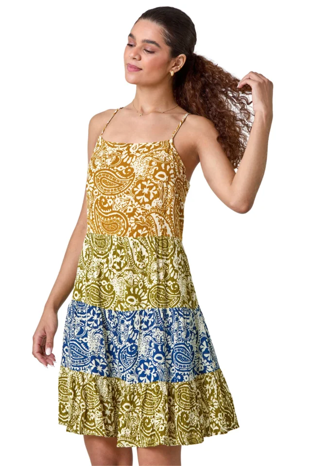 Roman Amber Patchwork Paisley Print Tiered Dress