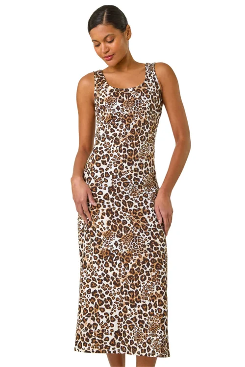 Roman Tan Animal Print Strappy Midi Dress - Size 10 Image 1